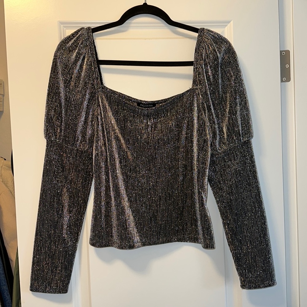 Semi sheer shimmery long sleeve top with square neckline.
